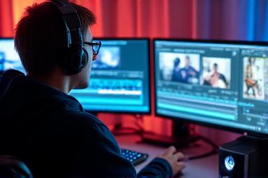 Penyunting video bekerja di stesen suntingan